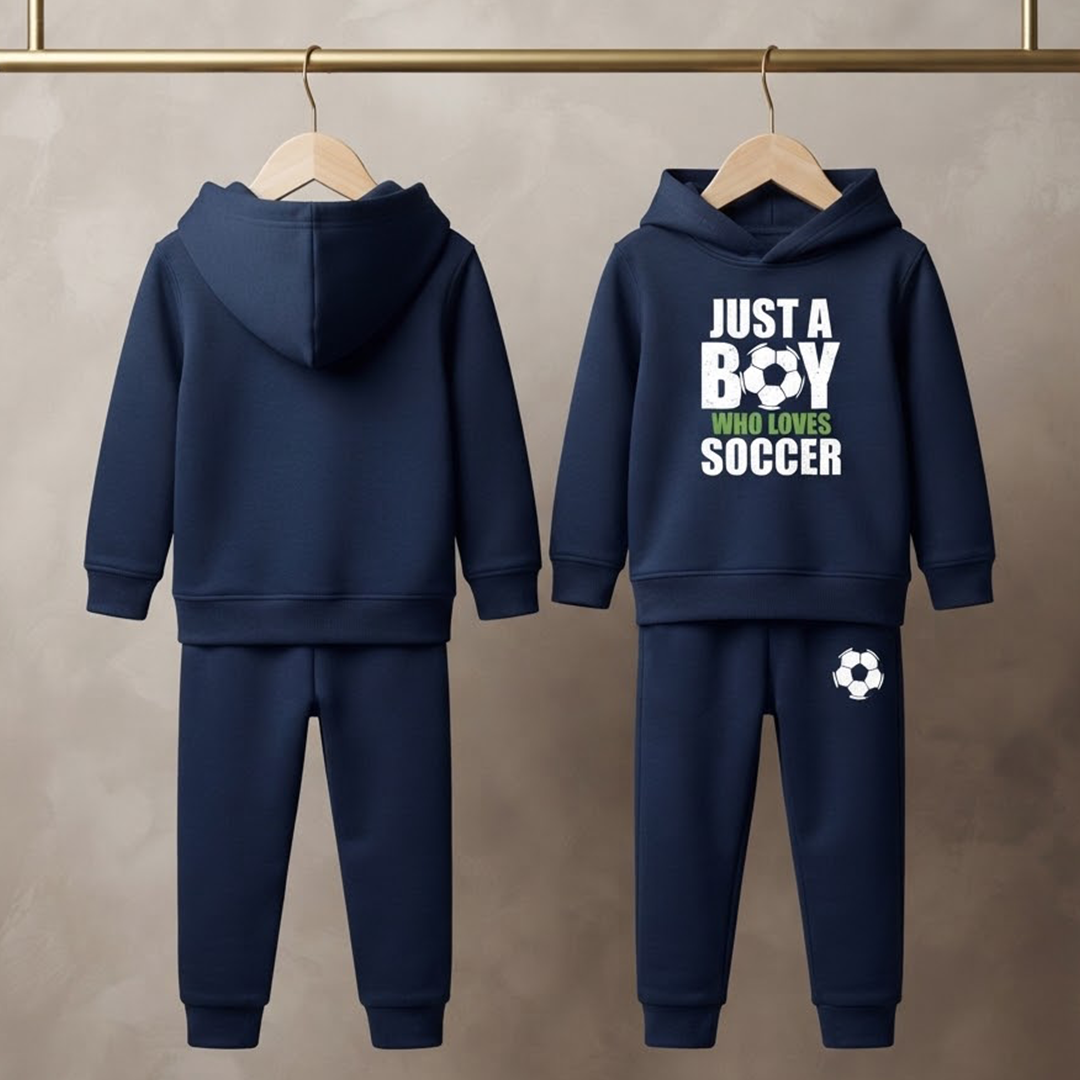 Kids' "Just a Boy Who Loves Soccer" Navy Blue Hoodie & Jogger Set