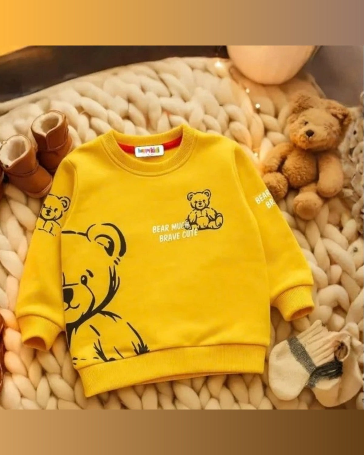 Kids Yellow Fleece Bear Sweatshirt – Cute & Warm Winter Wear