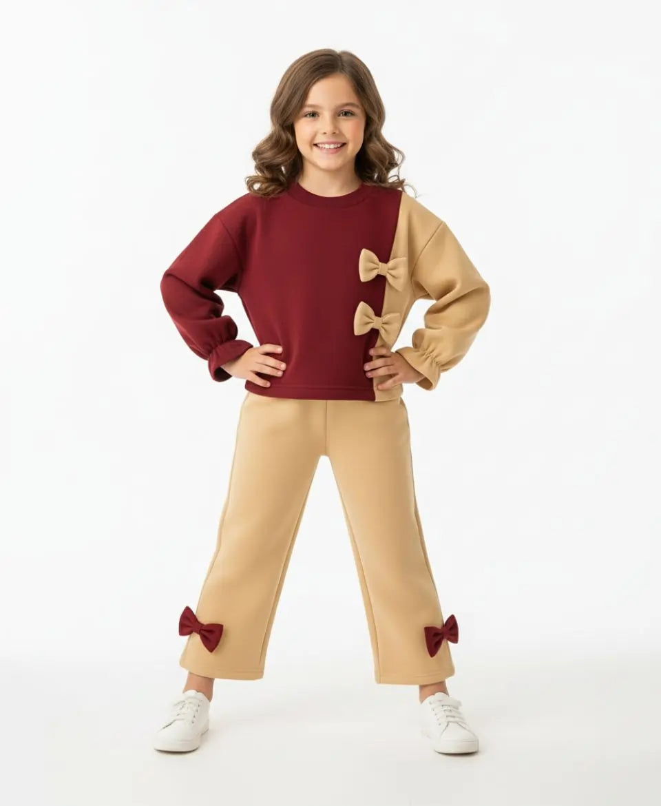 Girls Fleece Sweatshirt & Pants Set – Maroon Beige Bow Outfit