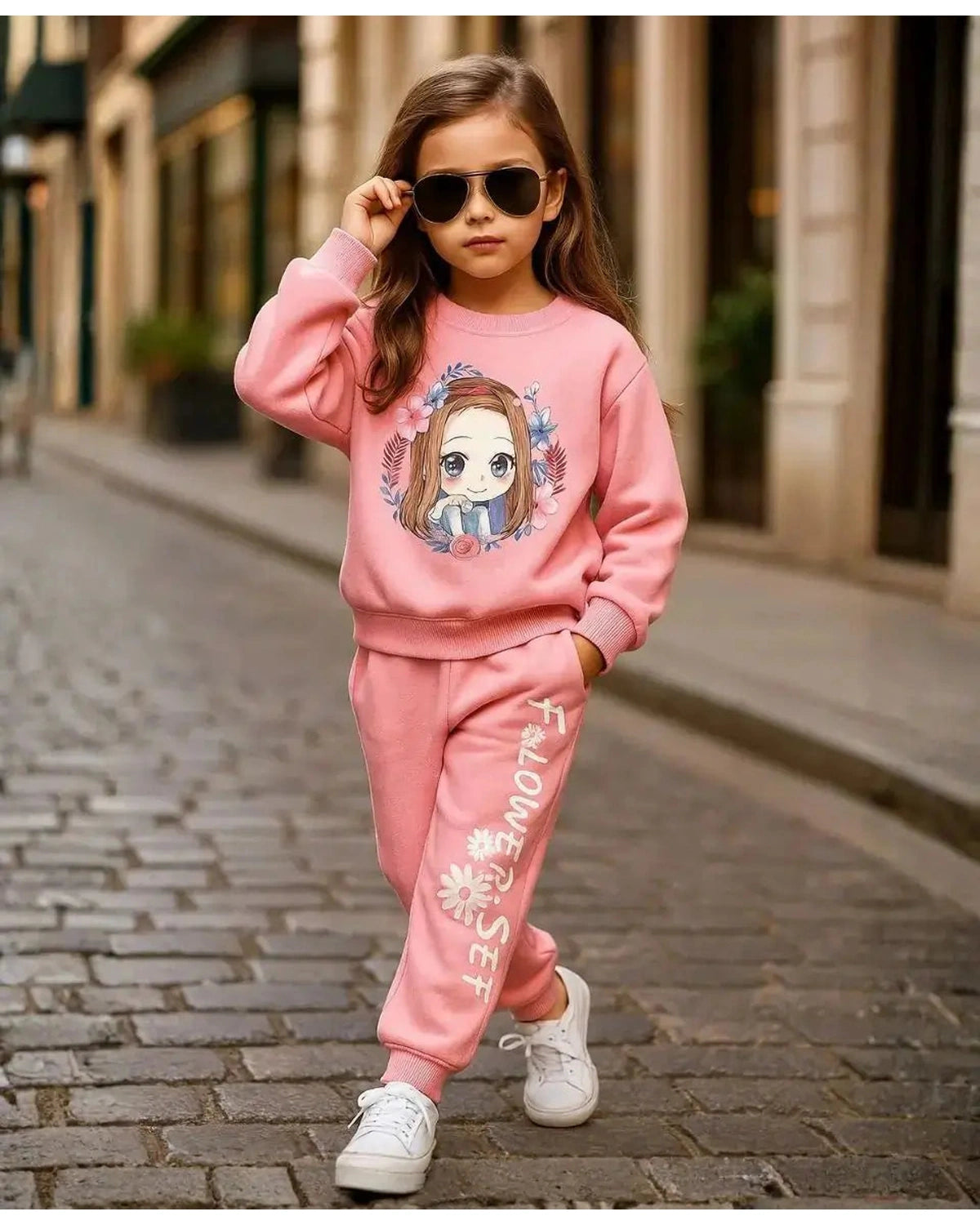 Girls Pink Cartoon Fleece Winter Set
