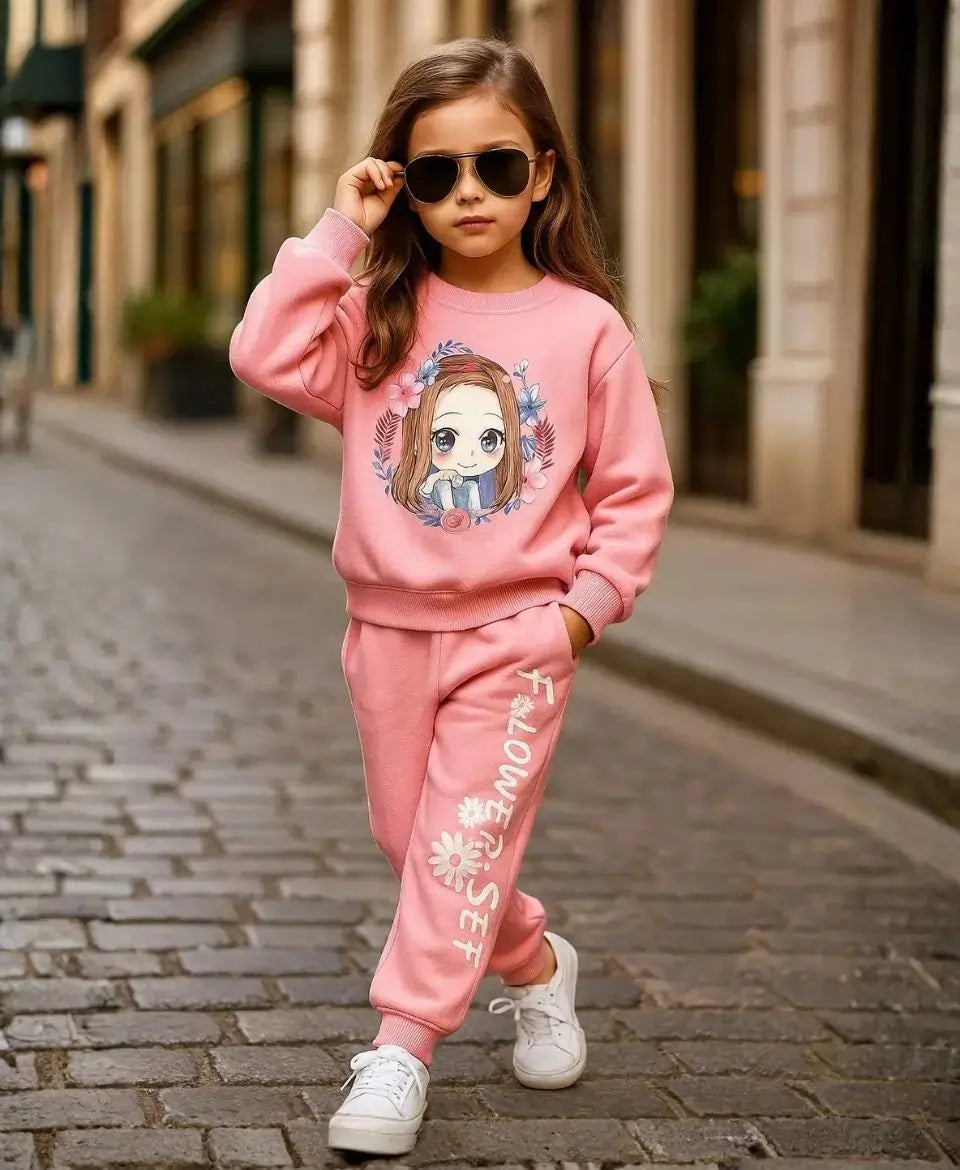 Girls Pink Cartoon Fleece Winter Set