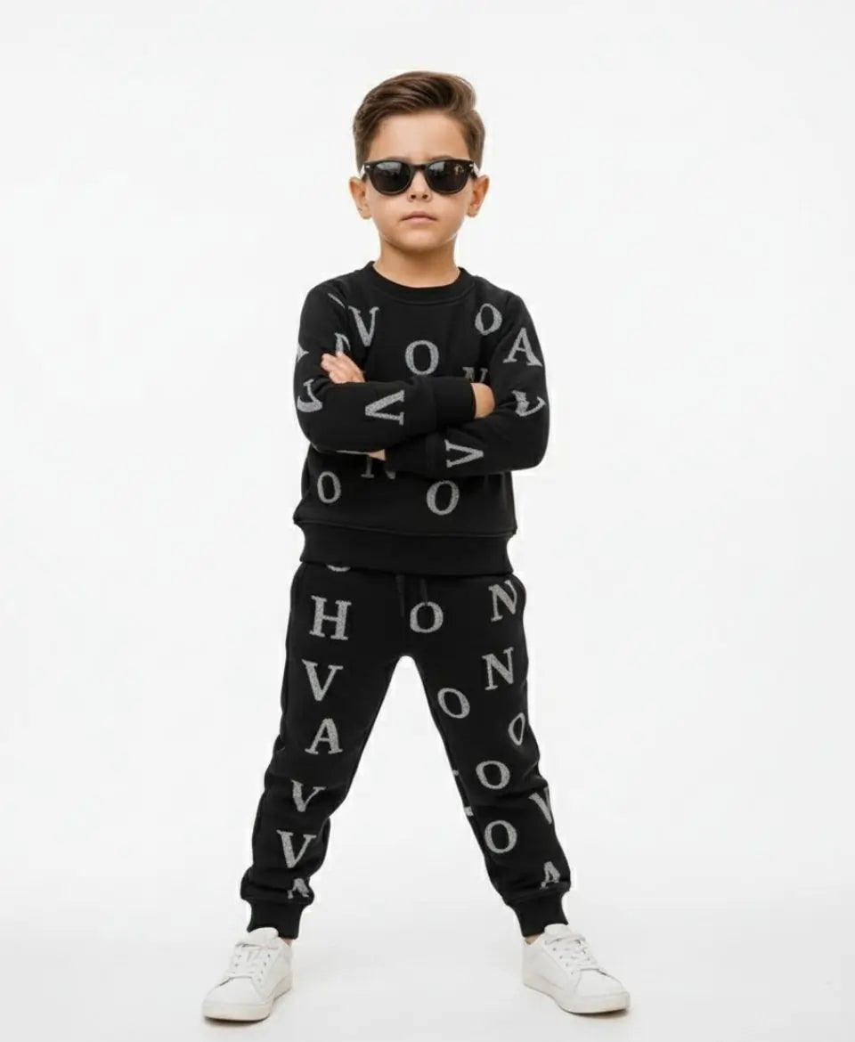 Unisex Fleece Sweatshirt & Trouser Set – Letter Print Winter Outfit