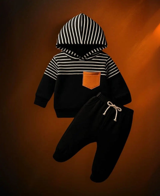 Unisex Cotton Hoodie & Trouser Set – Black Striped Winter Outfit