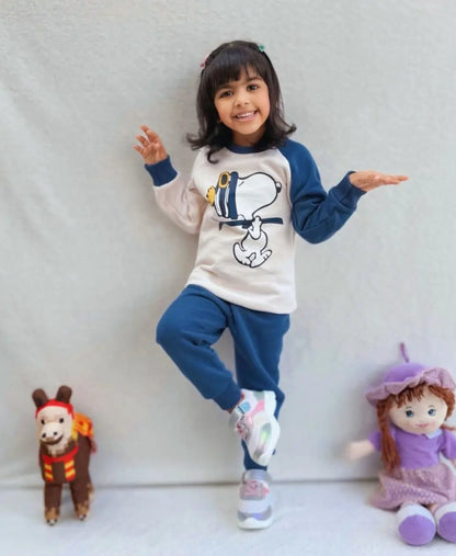 Unisex Cotton Fleece Sweatshirt & Trouser Set – Blue Beige Winter Outfit