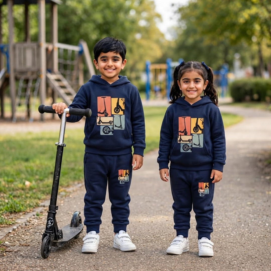 Kids Fleece Hoodie & Jogger Set – Navy Blue Scooter Print Winter Outfit
