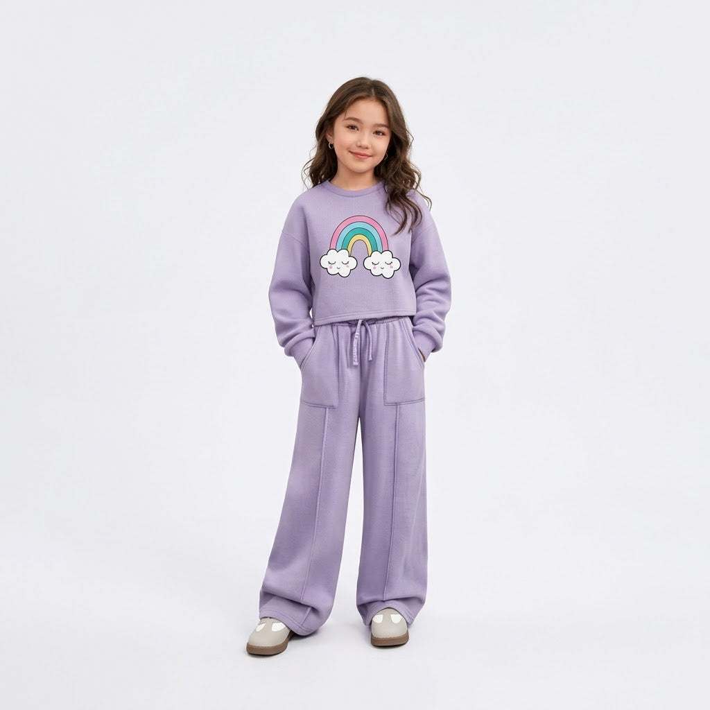 Girls Lilac Cute Rainbow & Sleeping Clouds Graphic Sweatshirt & Wide-Leg Pocket Pants Set | Casual Winter Wear