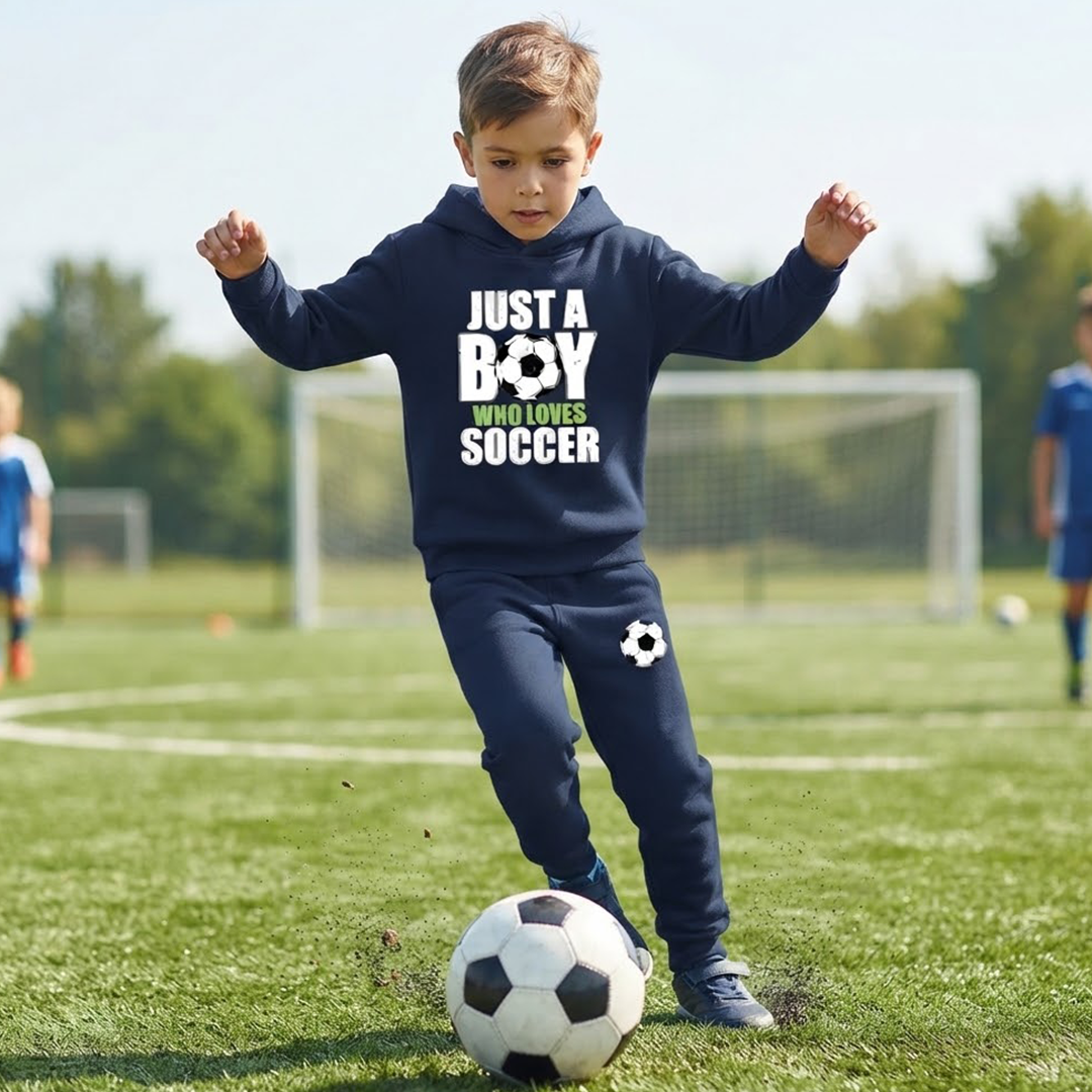 Kids' "Just a Boy Who Loves Soccer" Navy Blue Hoodie & Jogger Set