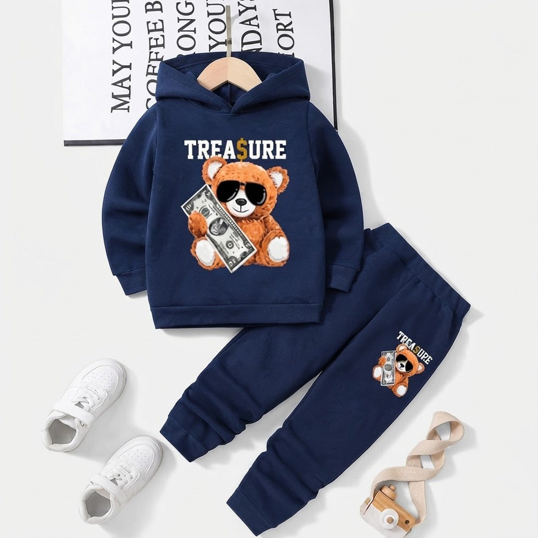Kids Navy Blue Teddy Bear Hoodie Tracksuit