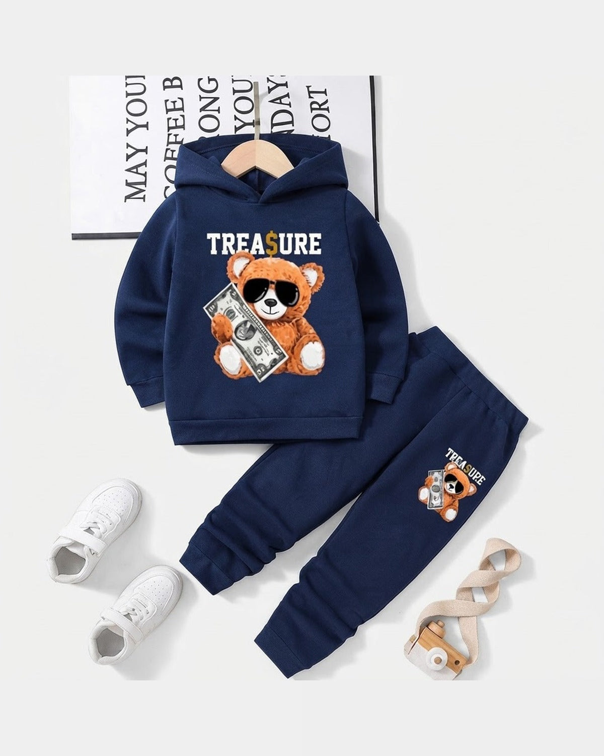 Kids Navy Blue Teddy Bear Hoodie Tracksuit