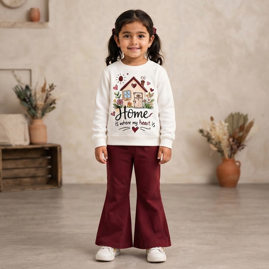 Girls’ Printed Sweatshirt & Flared Trouser Set – White & Maroon Winter Outfit
