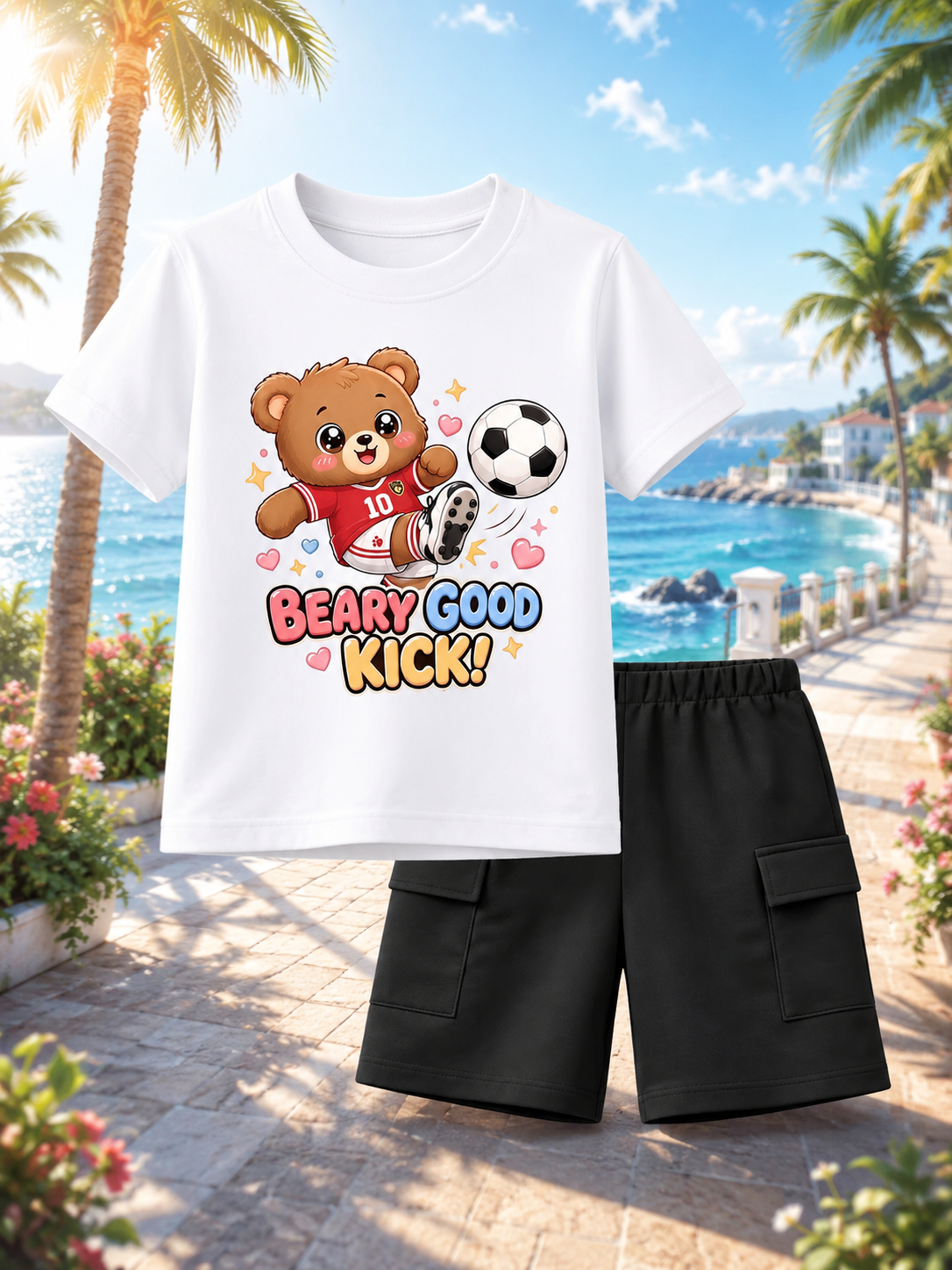 Beary Good Kick Soccer Tee & Navy Cargo Shorts Set