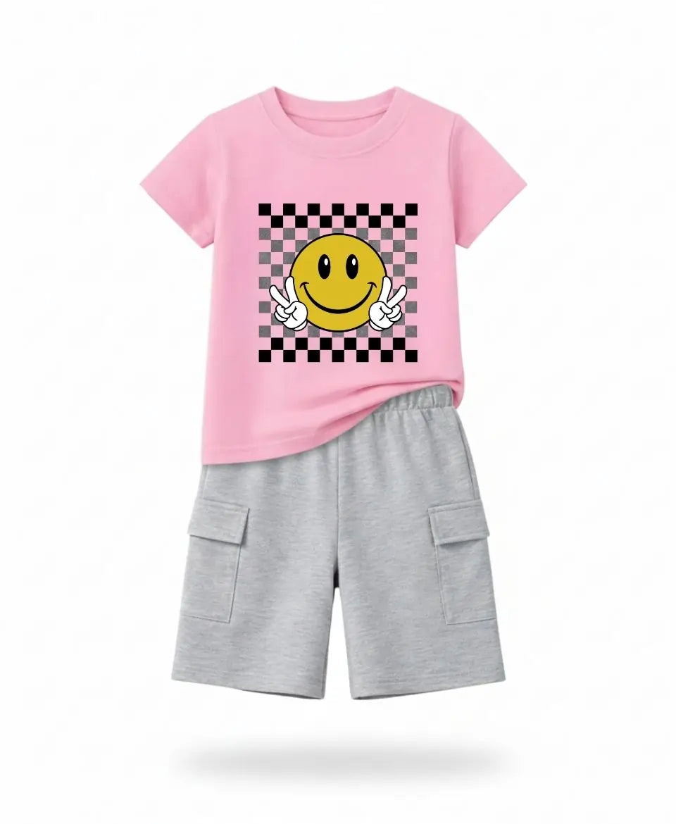 Smiley Checkered Sky Blue Summer Suit Set