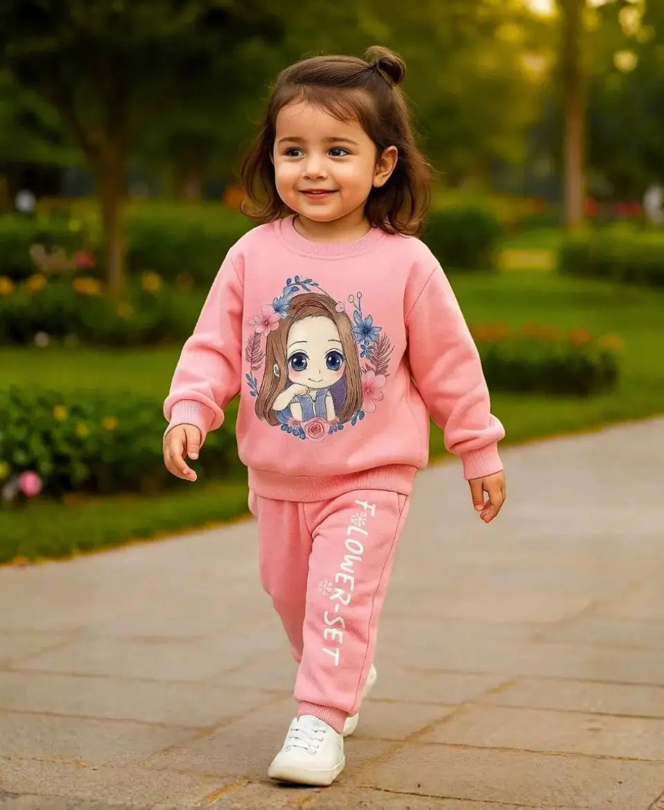 Girls Pink Cartoon Fleece Winter Set