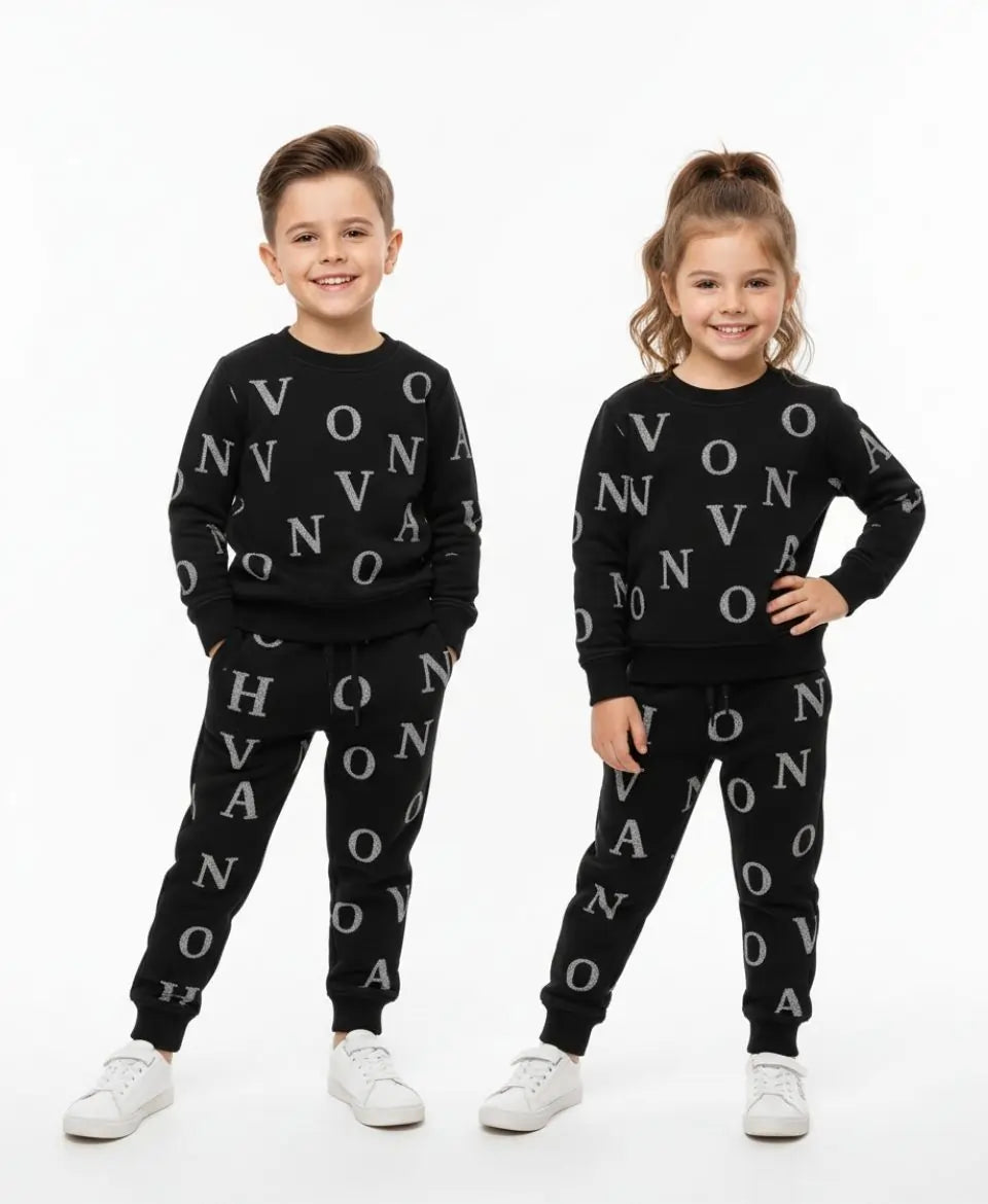 Unisex Fleece Sweatshirt & Trouser Set – Letter Print Winter Outfit