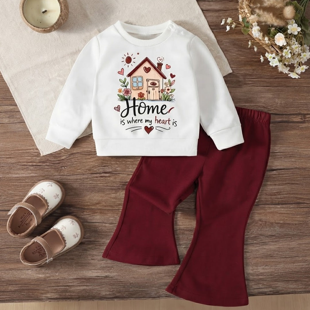 Girls’ Printed Sweatshirt & Flared Trouser Set – White & Maroon Winter Outfit