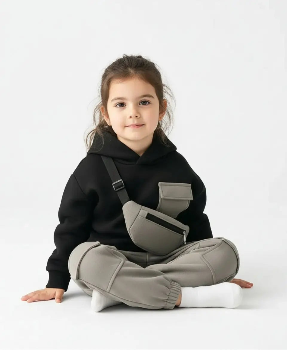 Unisex Kids Fleece Hoodie & Trouser Set – Black & Grey