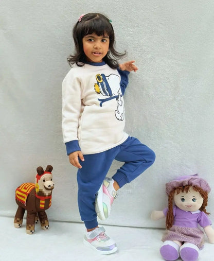 Unisex Cotton Fleece Sweatshirt & Trouser Set – Blue Beige Winter Outfit