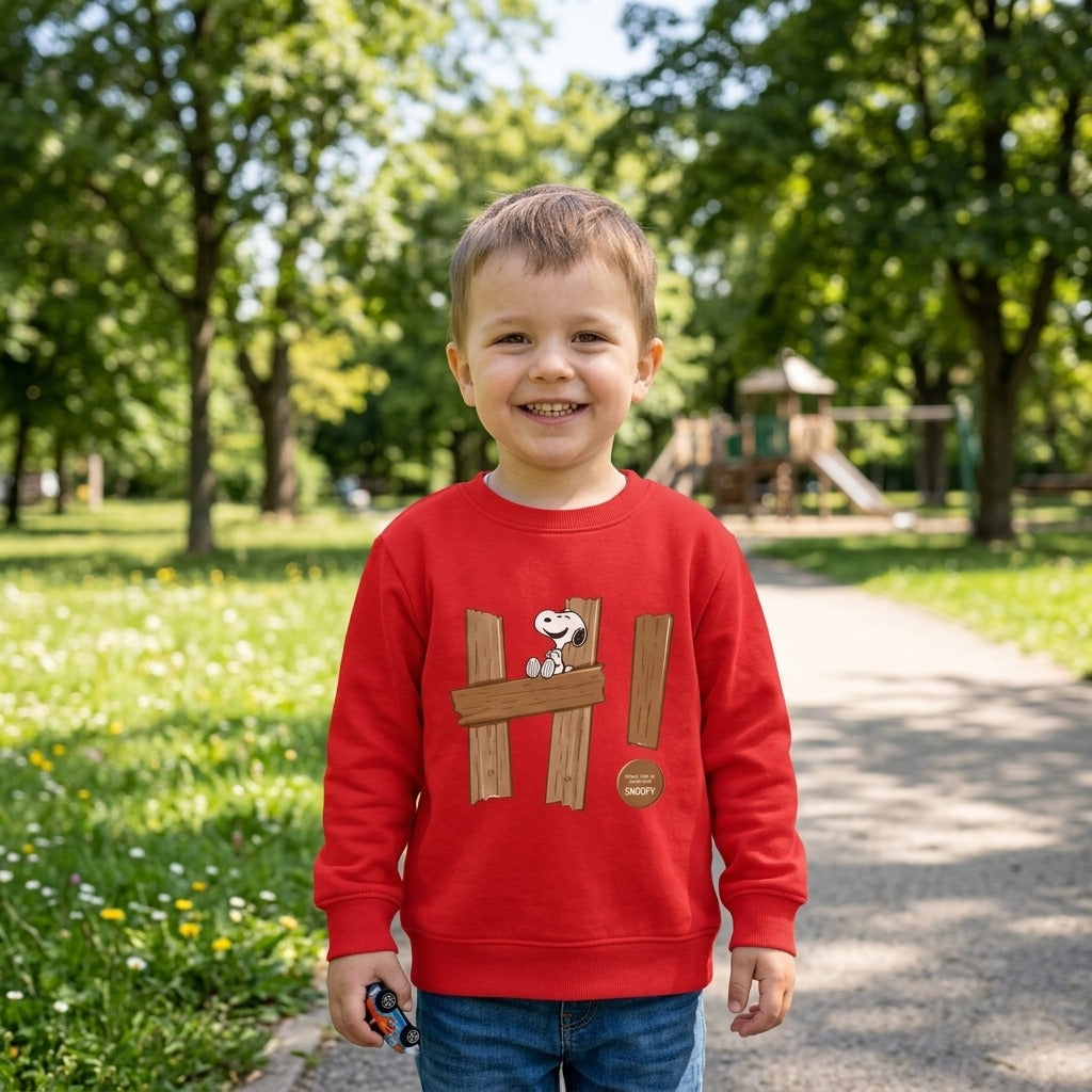 Kids Cute Snoopy Wooden Fence Graphic Red Sweatshirt | Cartoon Crewneck Pullover