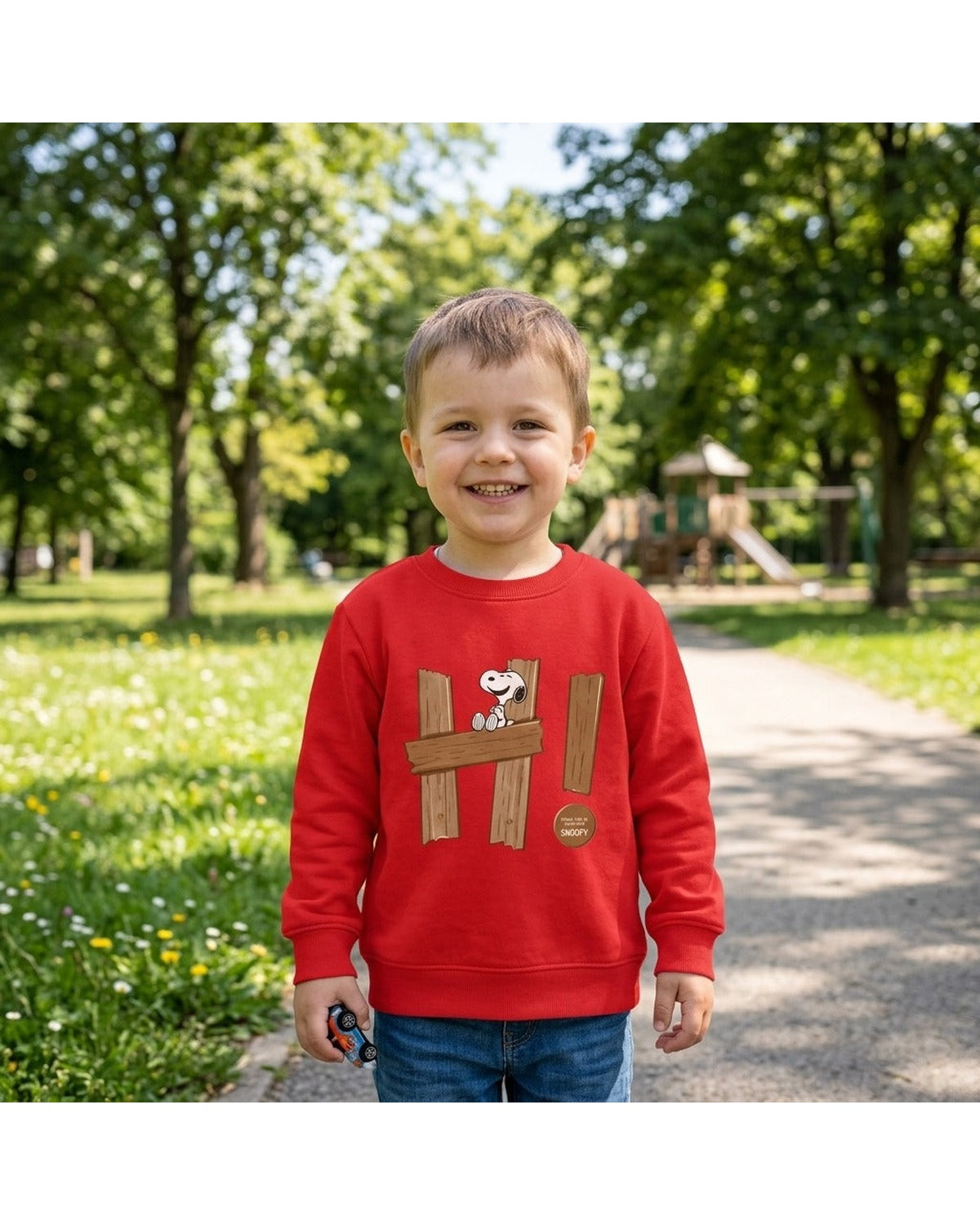 Kids Cute Snoopy Wooden Fence Graphic Red Sweatshirt | Cartoon Crewneck Pullover