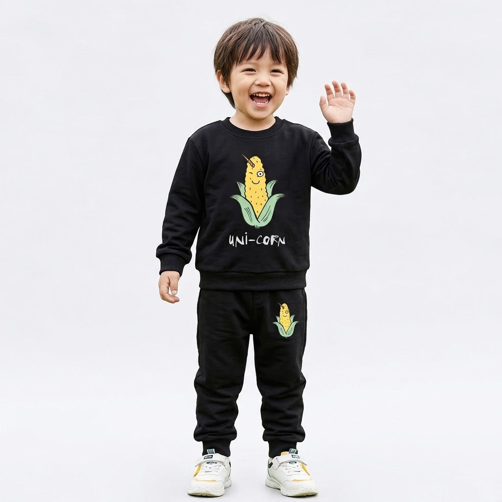 Boys’ Uni-Corn Printed Sweatshirt & Jogger Set – Black Winter Outfit