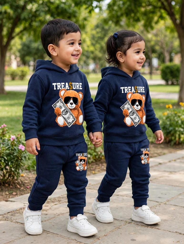 Kids Navy Blue Teddy Bear Hoodie Tracksuit