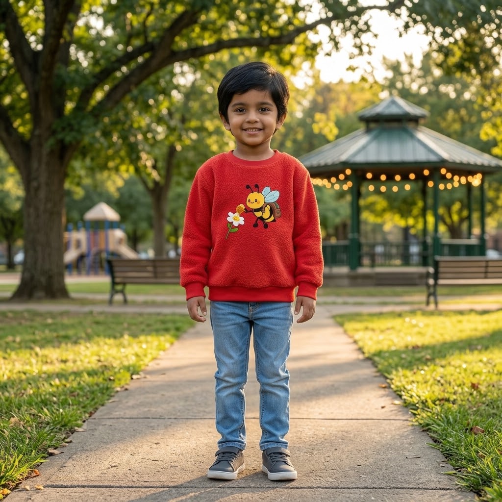 Kids Red Cute Honeybee & Flower Graphic Fleece Sweatshirt | Casual Winter Wear