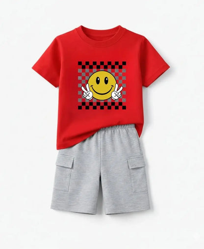 Smiley Checkered Sky Blue Summer Suit Set