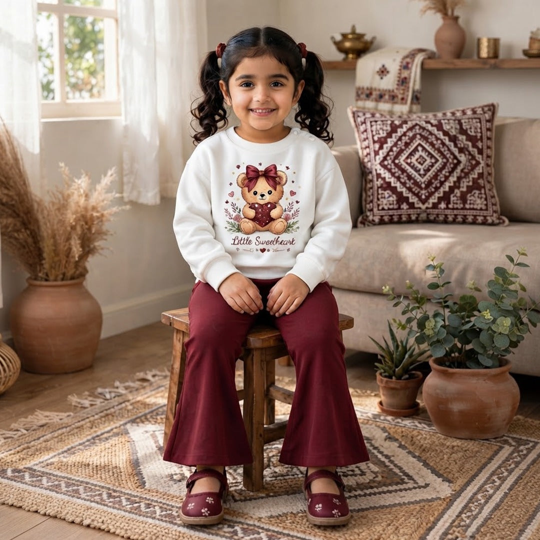 Girls’ Teddy Bear Printed Sweatshirt & Flared Trouser Set – White & Maroon Winter Outfit