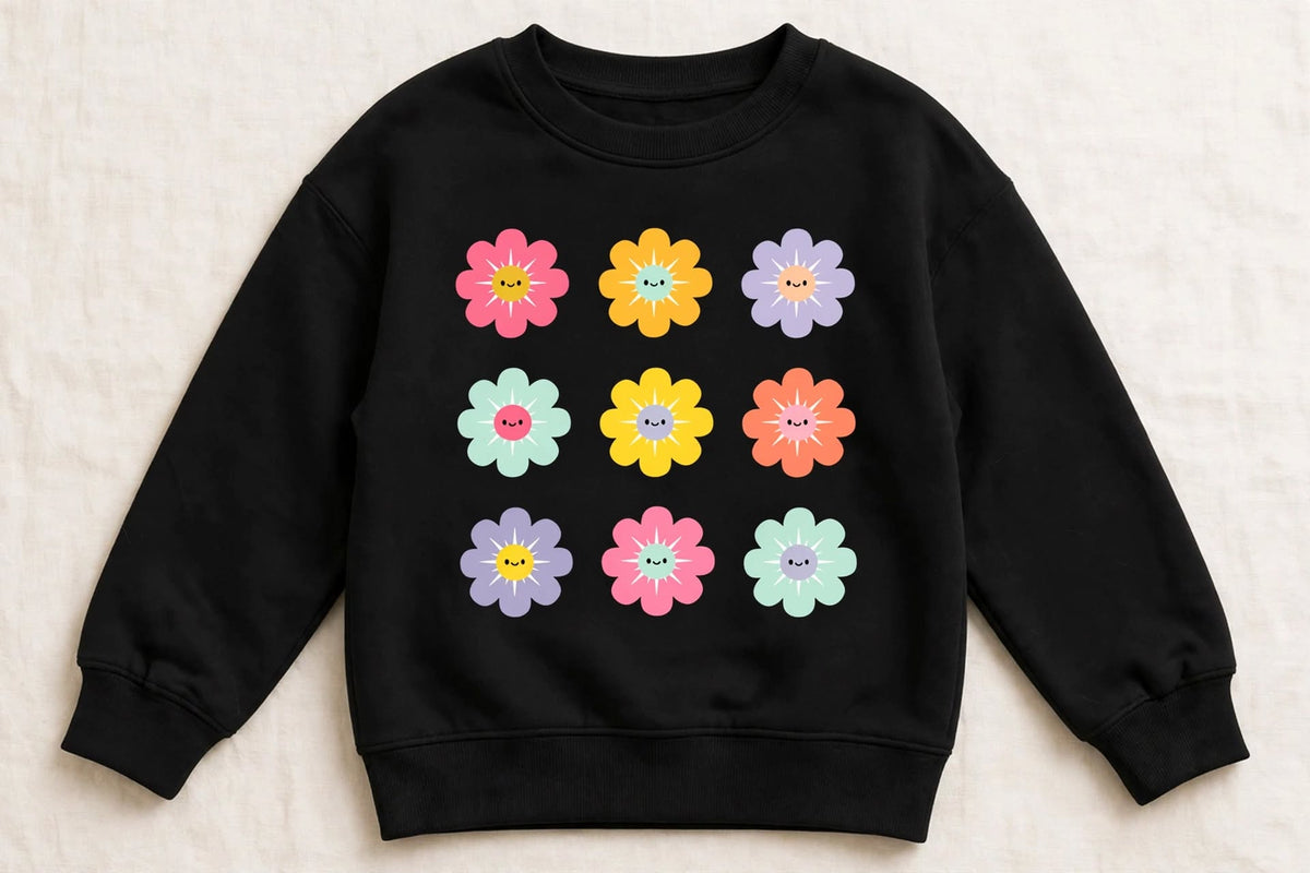 Girls’ Colorful Flower Printed Sweatshirt – Black Winter Wear