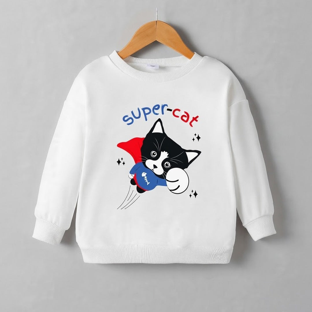 Kids Cute "Super-Cat" Graphic White Sweatshirt | Superhero Cat Crewneck Pullover