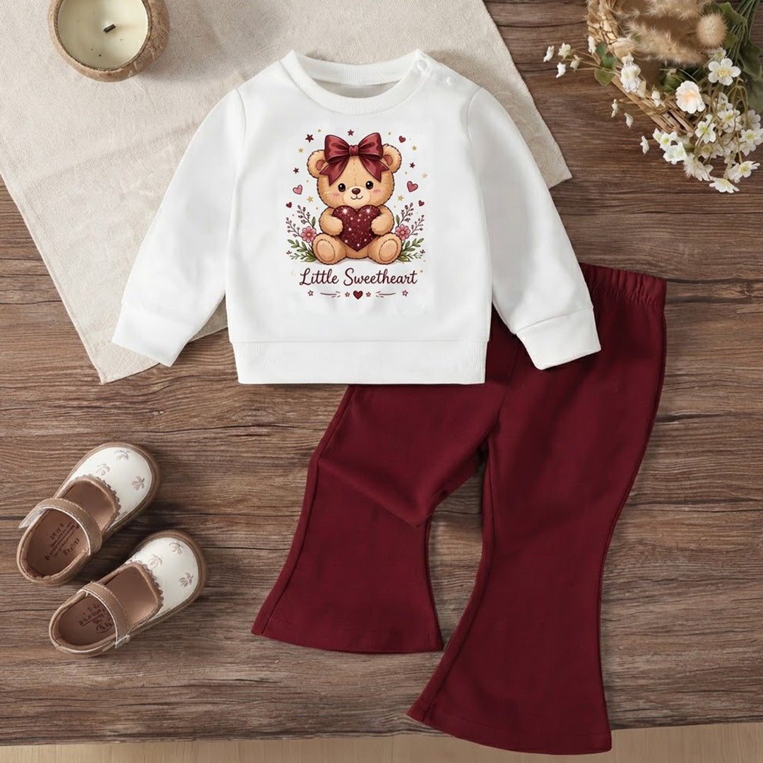 Girls’ Teddy Bear Printed Sweatshirt & Flared Trouser Set – White & Maroon Winter Outfit