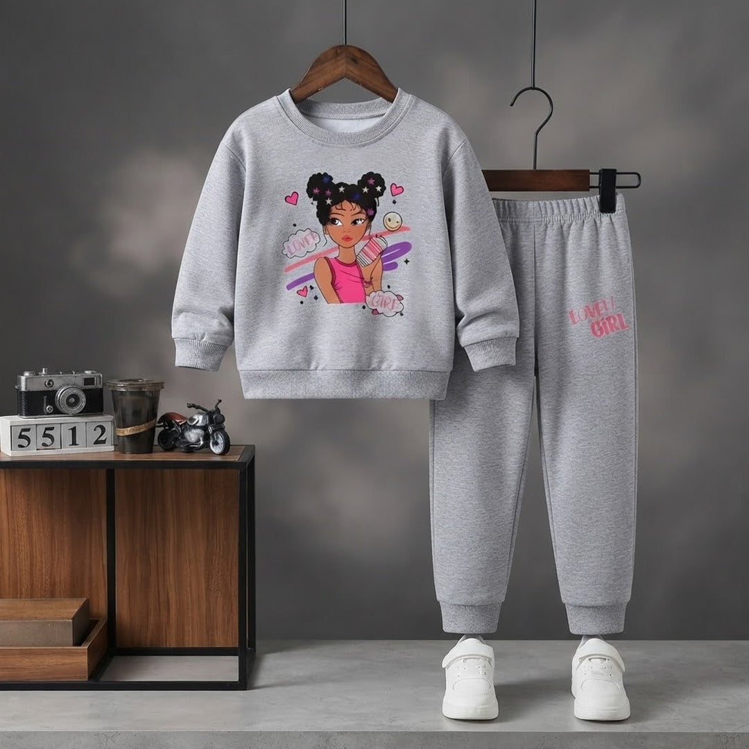 Girls' Printed Sweatshirt & Trouser Set – Grey
