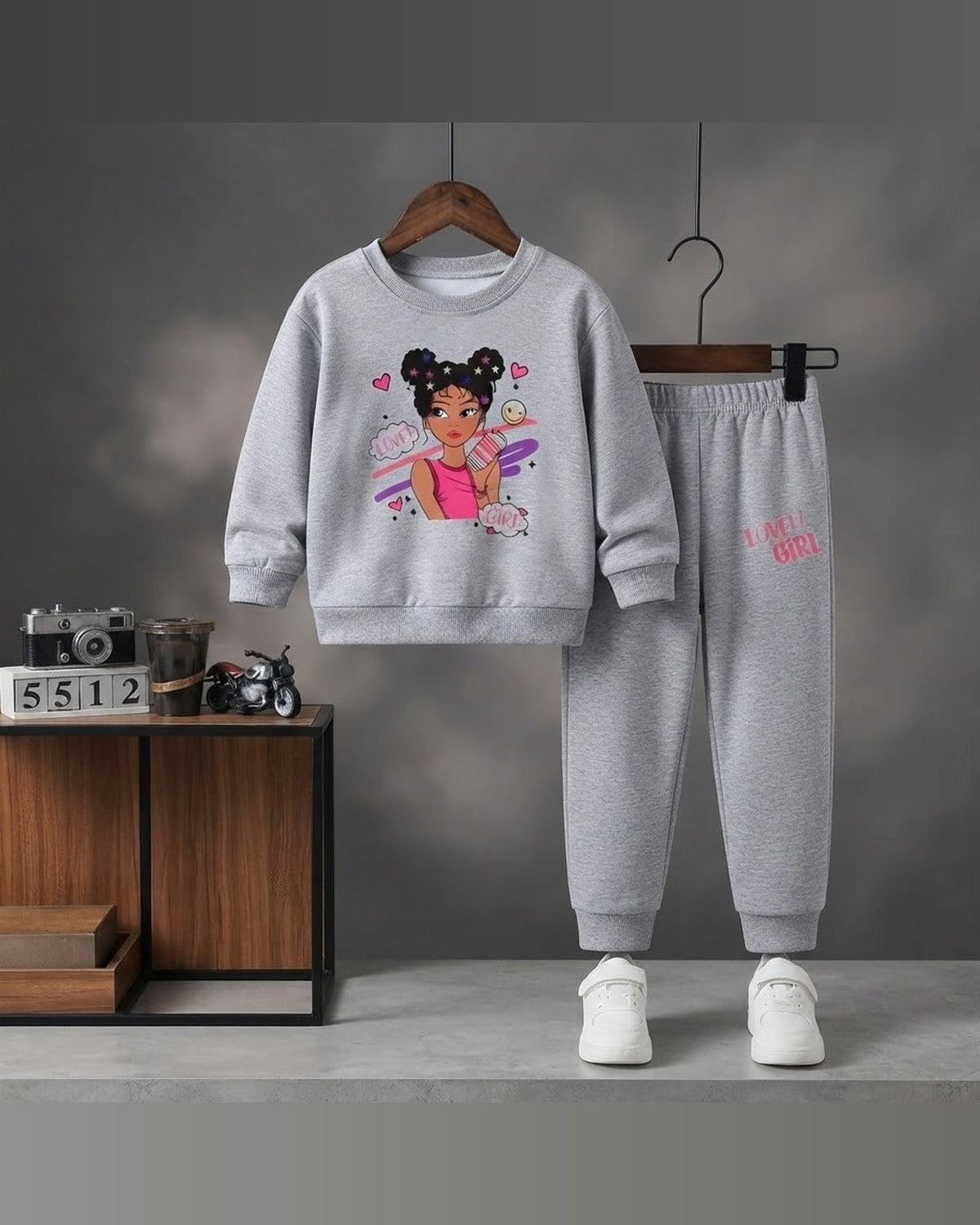 Girls' Printed Sweatshirt & Trouser Set – Grey