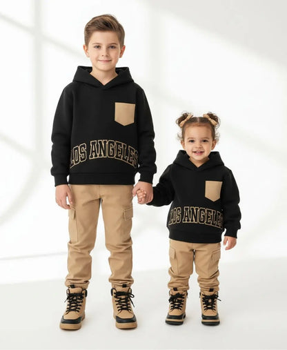 Unisex Kids Fleece Hoodie & Trouser Set – Black & Beige “Los Angeles” Outfit