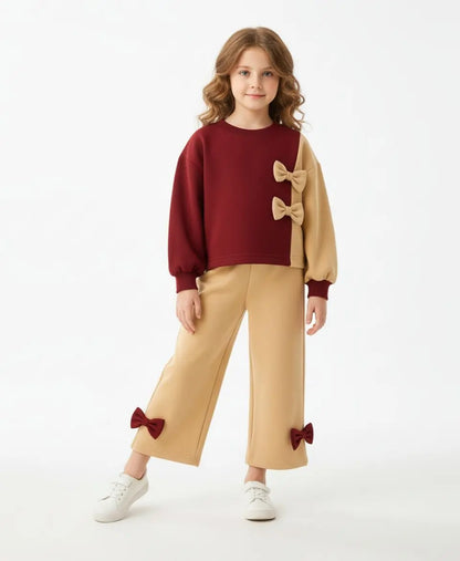 Girls Fleece Sweatshirt & Pants Set – Maroon Beige Bow Outfit
