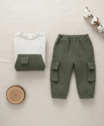 Kids Fleece Pocket Sweatshirt & Cargo Trouser Set – Winter Outfit