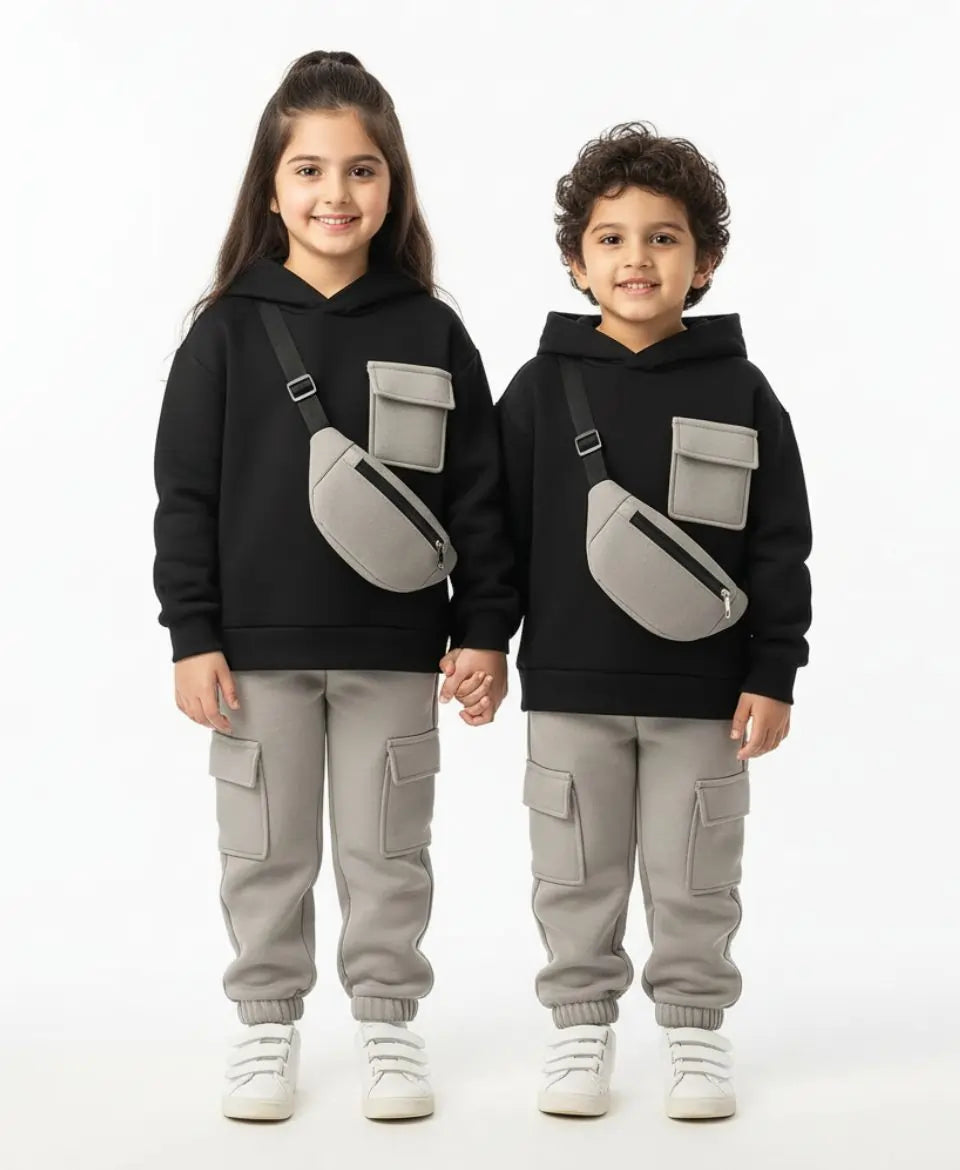Unisex Kids Fleece Hoodie & Trouser Set – Black & Grey