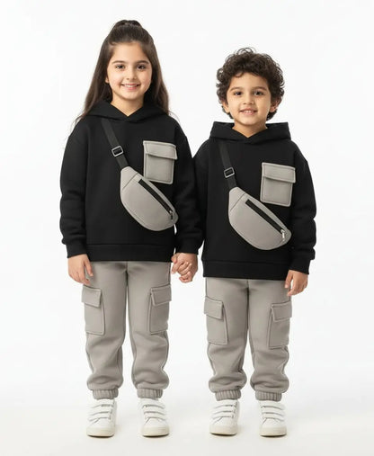 Unisex Kids Fleece Hoodie & Trouser Set – Black & Grey