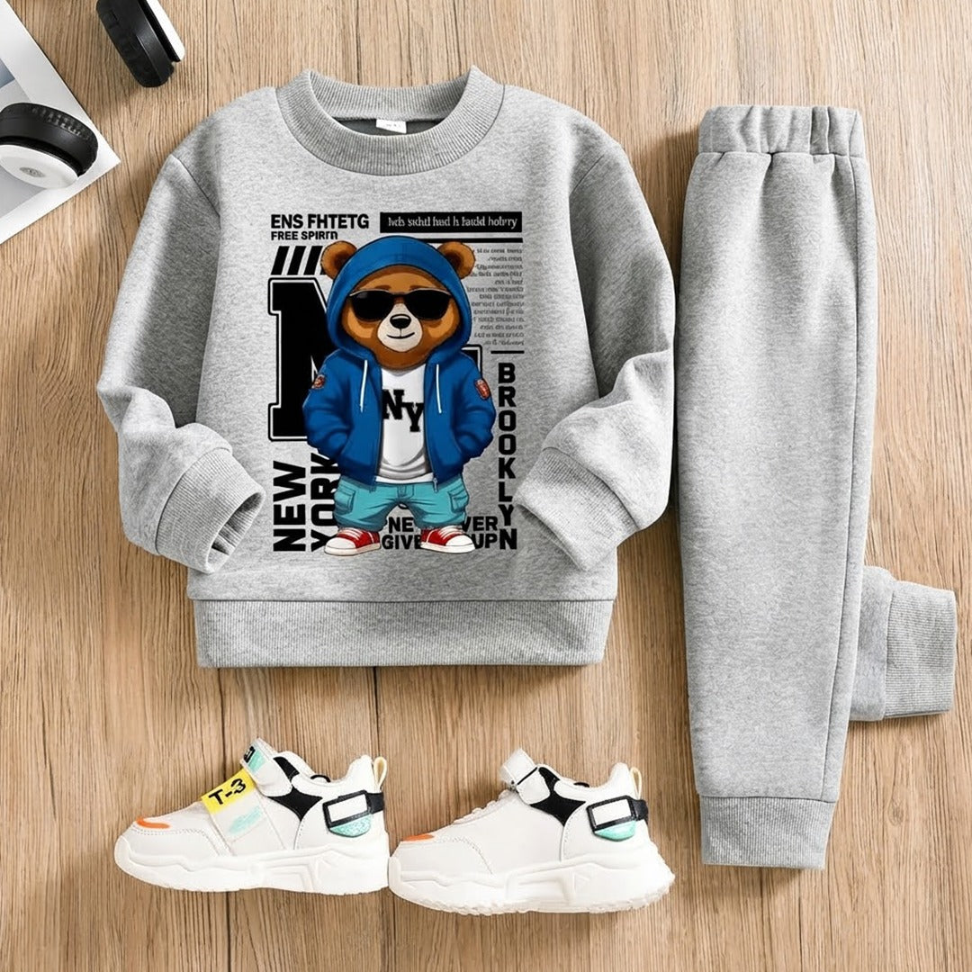 Kids Cool Bear "New York Brooklyn" Graphic Grey Tracksuit Set