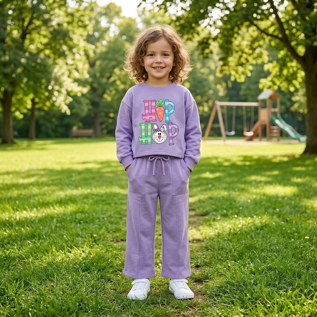 Girls Lilac "HOP" Bunny Graphic Sweatshirt & Wide-Leg Pocket Pants Set | Casual Winter Wear