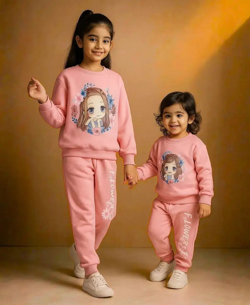 Girls Pink Cartoon Fleece Winter Set