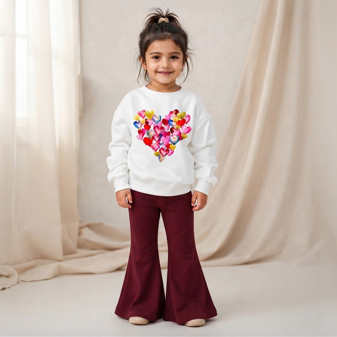 Girls’ Heart Printed Sweatshirt & Flared Trouser Set – White & Maroon Winter Outfit