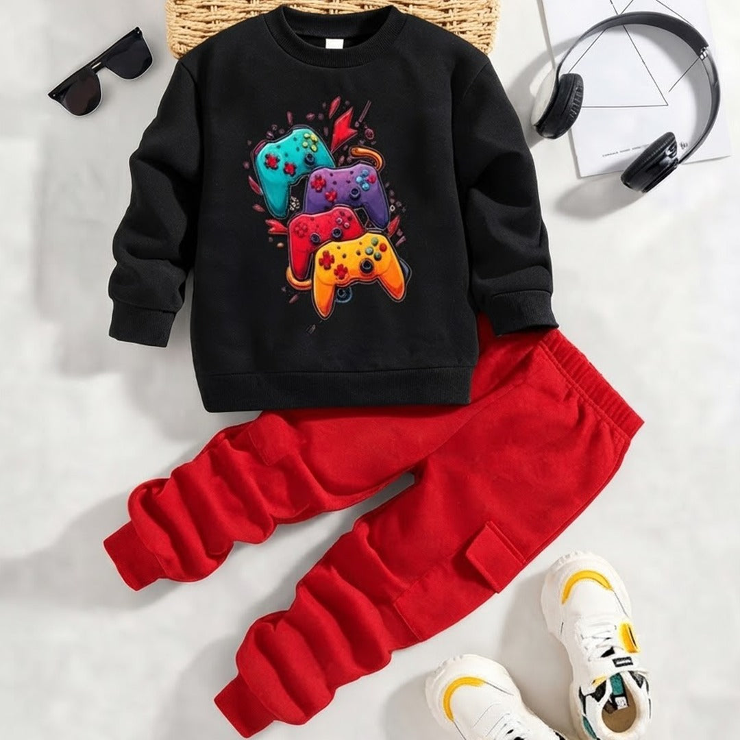Black controller Print & Red Cargo Pants