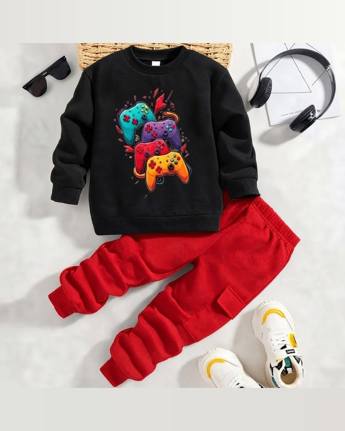 Black controller Print & Red Cargo Pants