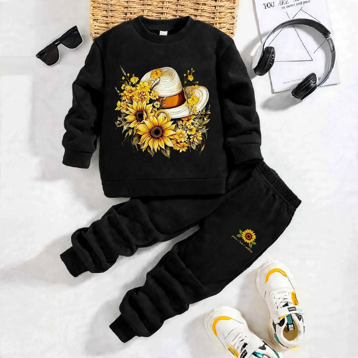 Girls’ Sunflower Printed Sweatshirt & Trouser Set – Black Winter Outfit