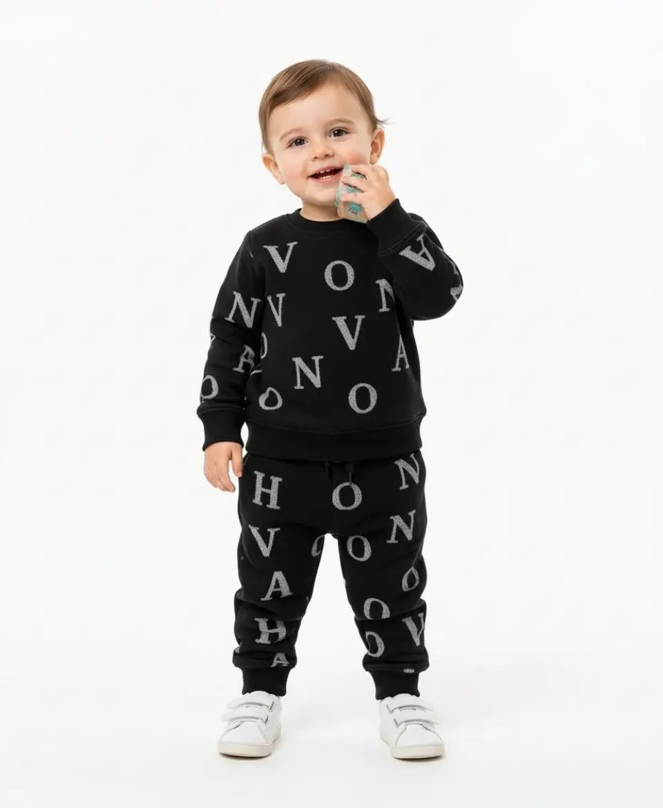 Unisex Fleece Sweatshirt & Trouser Set – Letter Print Winter Outfit