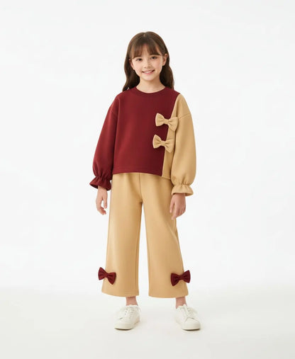 Girls Fleece Sweatshirt & Pants Set – Maroon Beige Bow Outfit