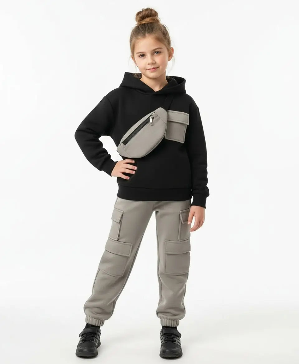 Unisex Kids Fleece Hoodie & Trouser Set – Black & Grey