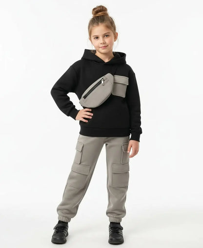 Unisex Kids Fleece Hoodie & Trouser Set – Black & Grey