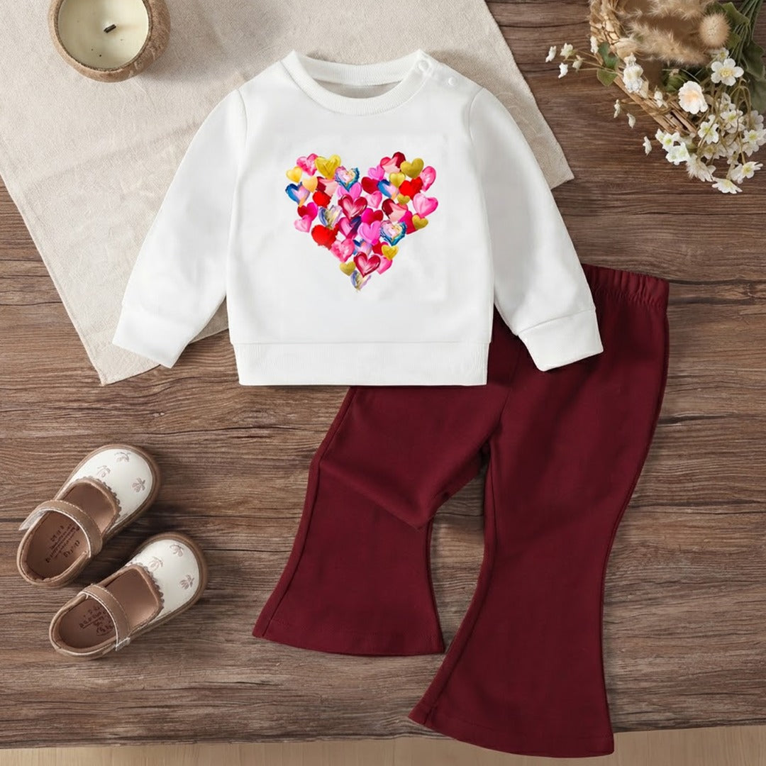 Girls’ Heart Printed Sweatshirt & Flared Trouser Set – White & Maroon Winter Outfit